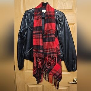 Black Faux Leather Jacket with Red Plaid Scarf